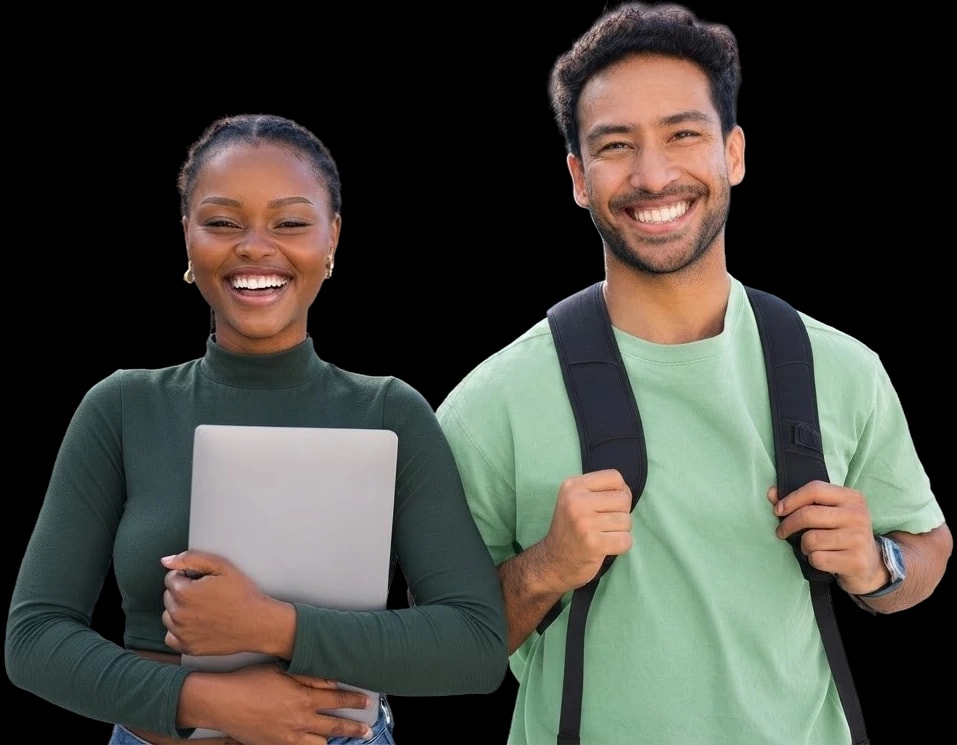 Dos estudiantes de Grado Superior de FP online, una con un portátil y otro con mochila