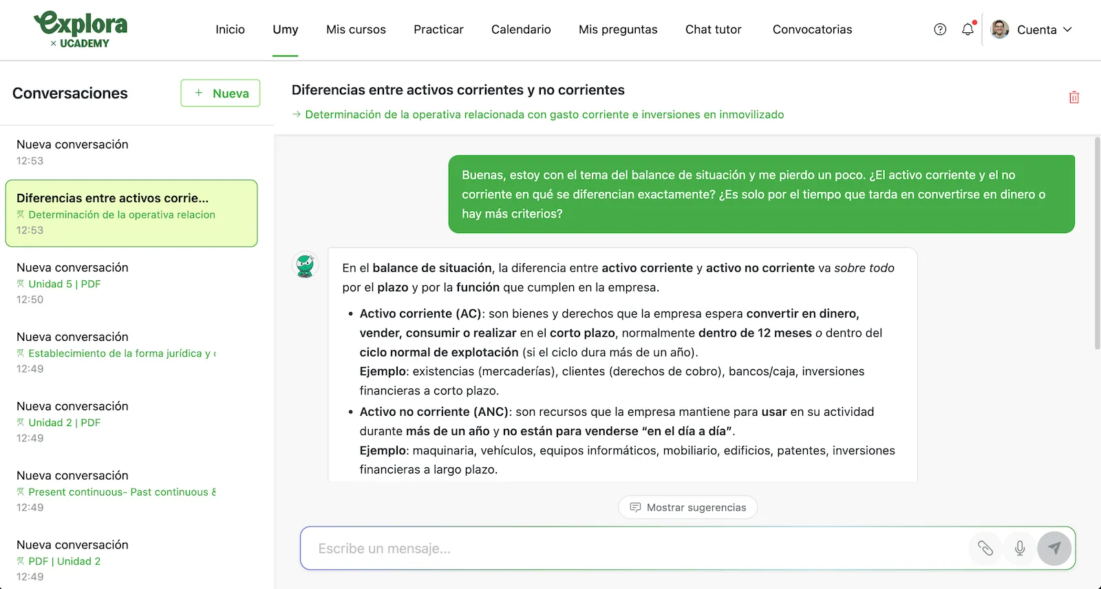 Vista del módulo de estudio y repaso inteligente en el Campus Virtual de Explora