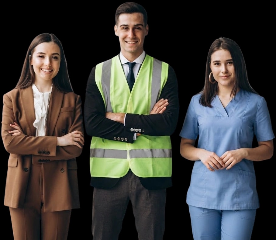 Tres profesionales de distintos sectores: administración, industria y sanidad